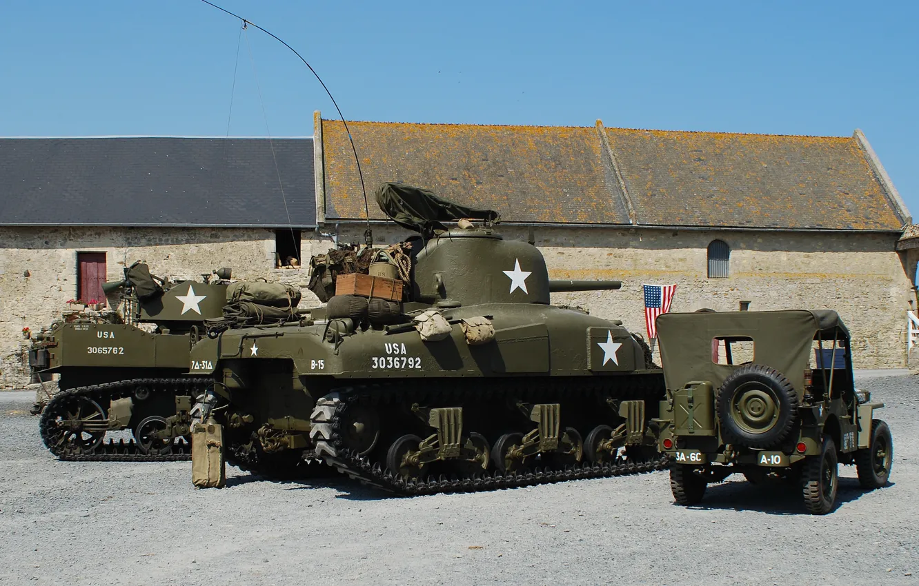 Photo wallpaper war, tank, military equipment, average, 1944, Jeep, M4 Sherman, world