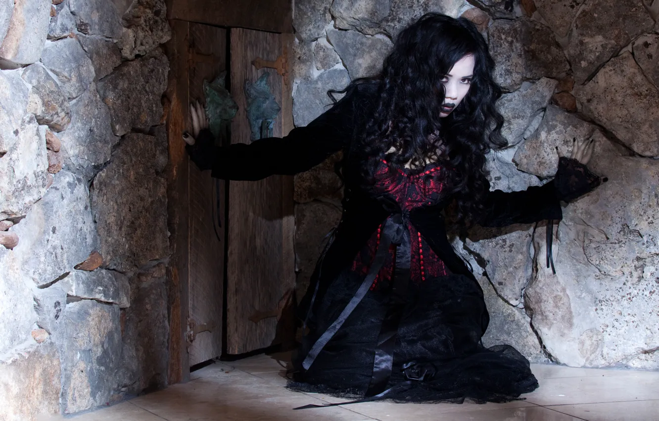 Photo wallpaper hot girl, wood, cosplay, posing, beautiful face, Exotic, sexy brunette, looking at camera