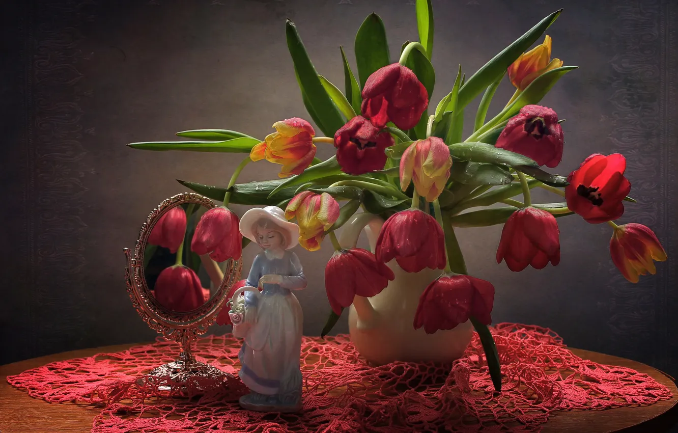Photo wallpaper flowers, table, background, mirror, tulips, vase, figurine, still life