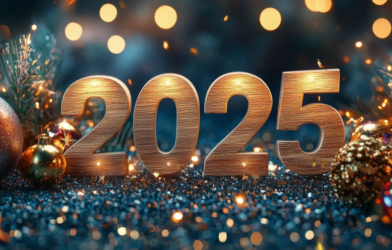 Photo wallpaper stars, balls, Shine, new year, Christmas, figures, banner, date