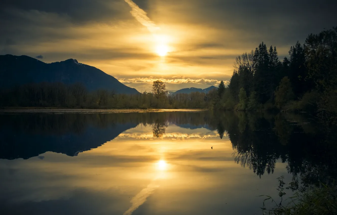 Photo wallpaper landscape, sunset, nature, lake, reflection