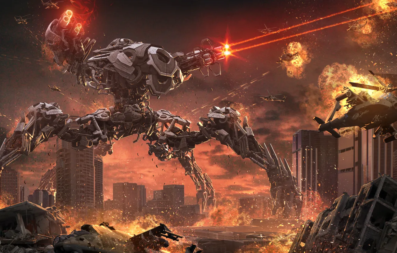 Photo wallpaper the city, lights, fiction, robot, destruction, helicopter, ruins, cyberpunk
