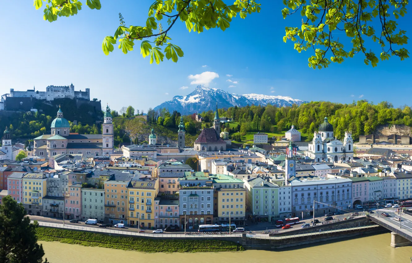 Photo wallpaper mountains, bridge, river, building, home, Austria, panorama, promenade