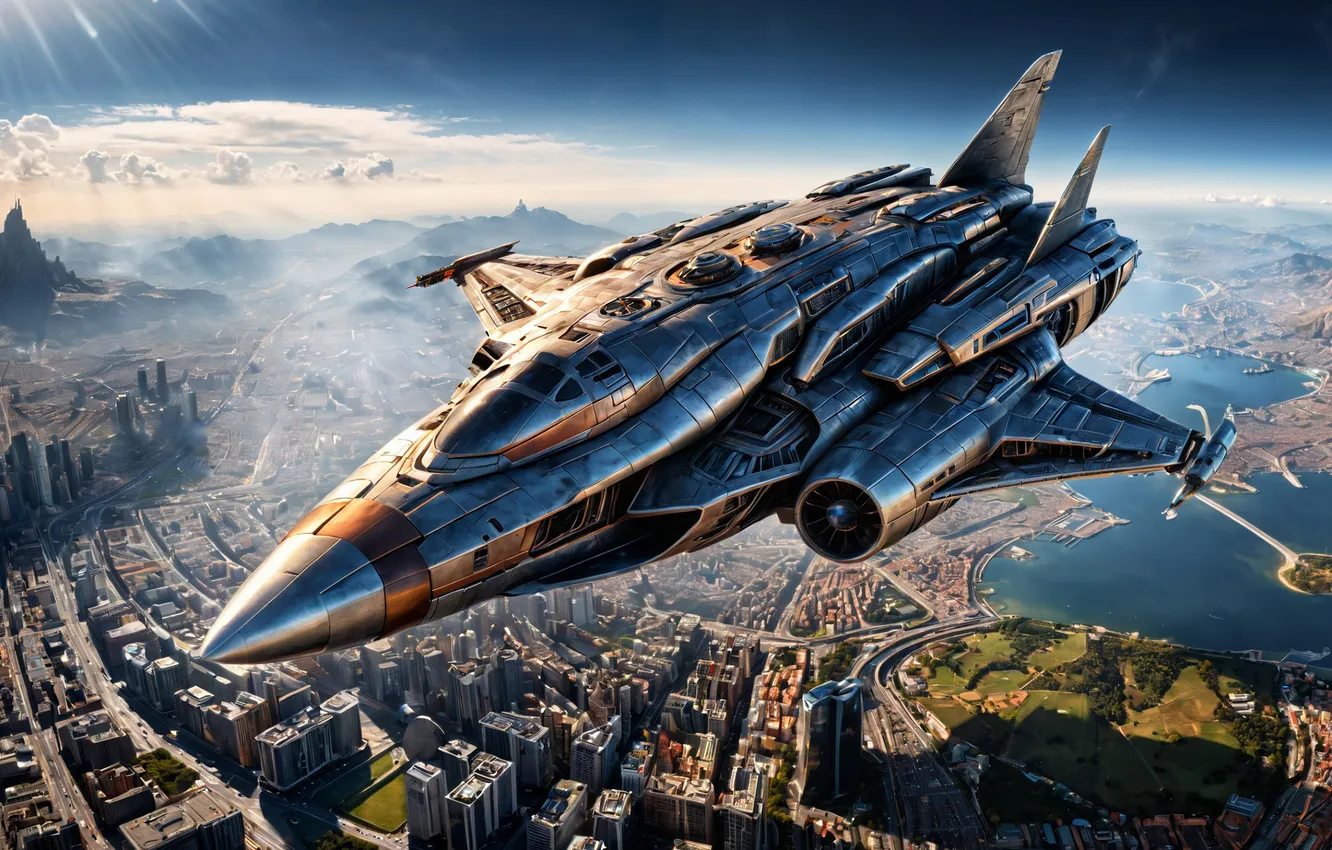 Photo wallpaper flight, the city, fiction, the plane