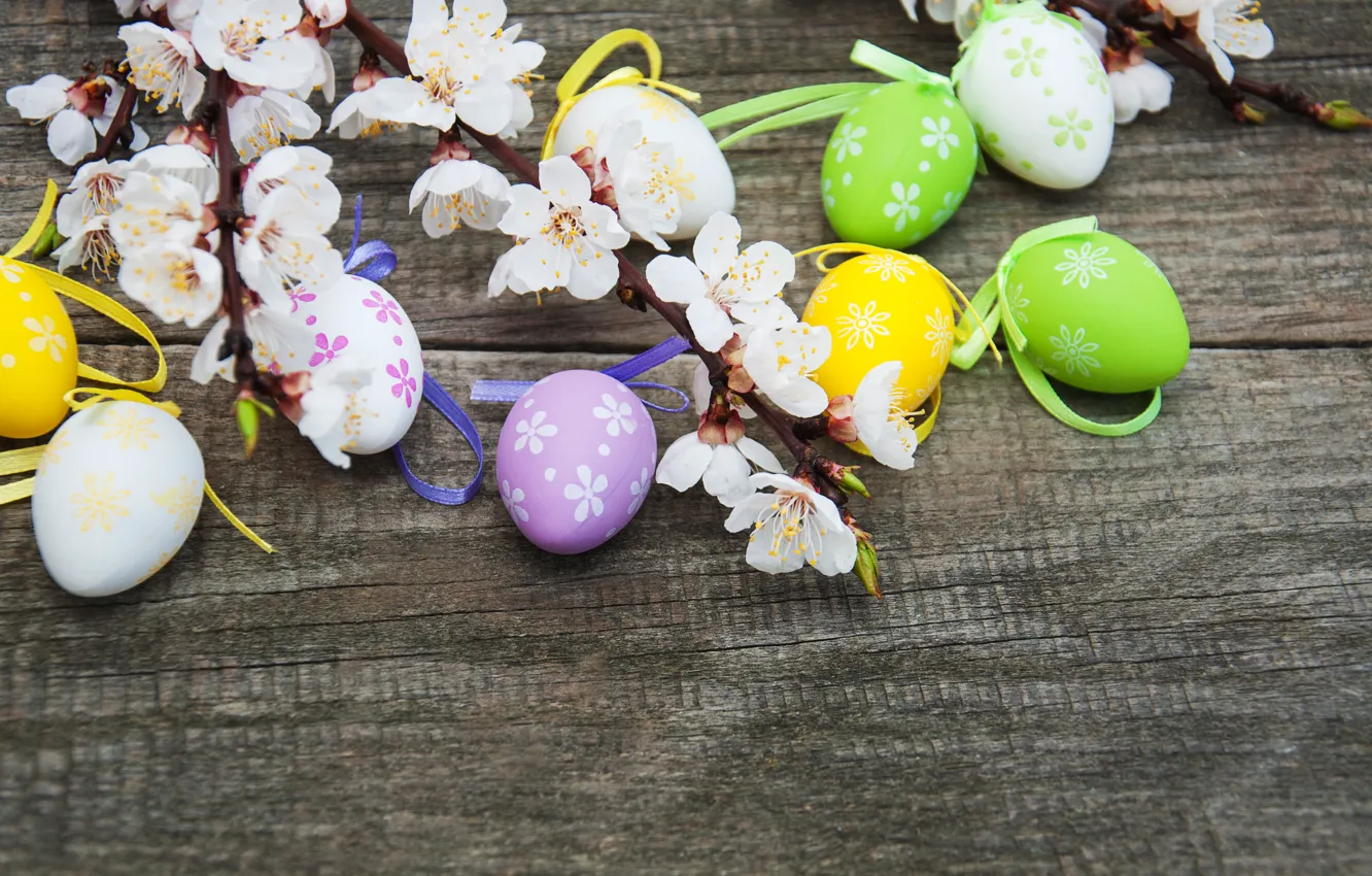 Photo wallpaper flowers, eggs, spring, colorful, Easter, wood, blossom, flowers