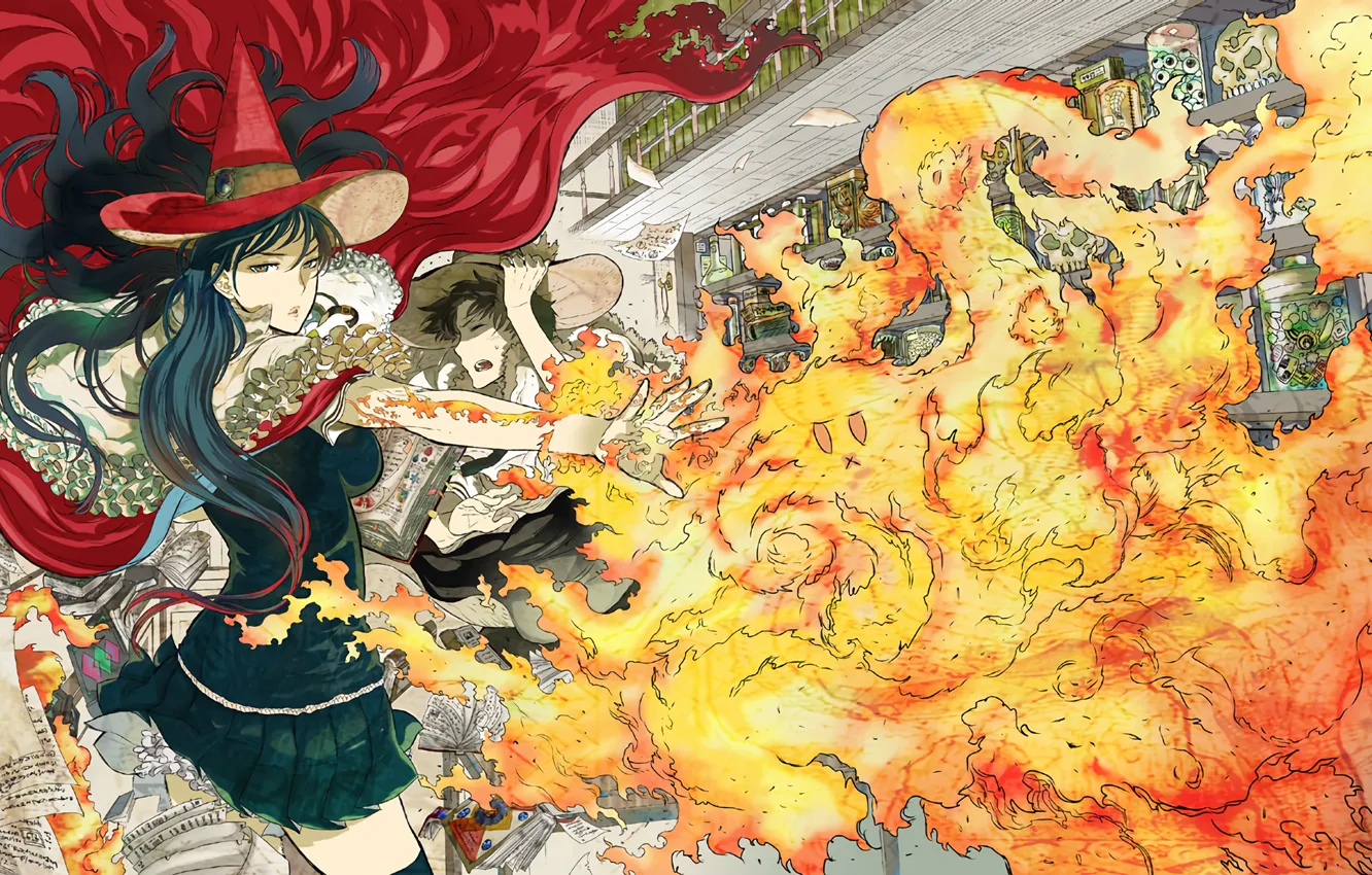 Photo wallpaper girl, fire, anime, art, Witch Craft Works