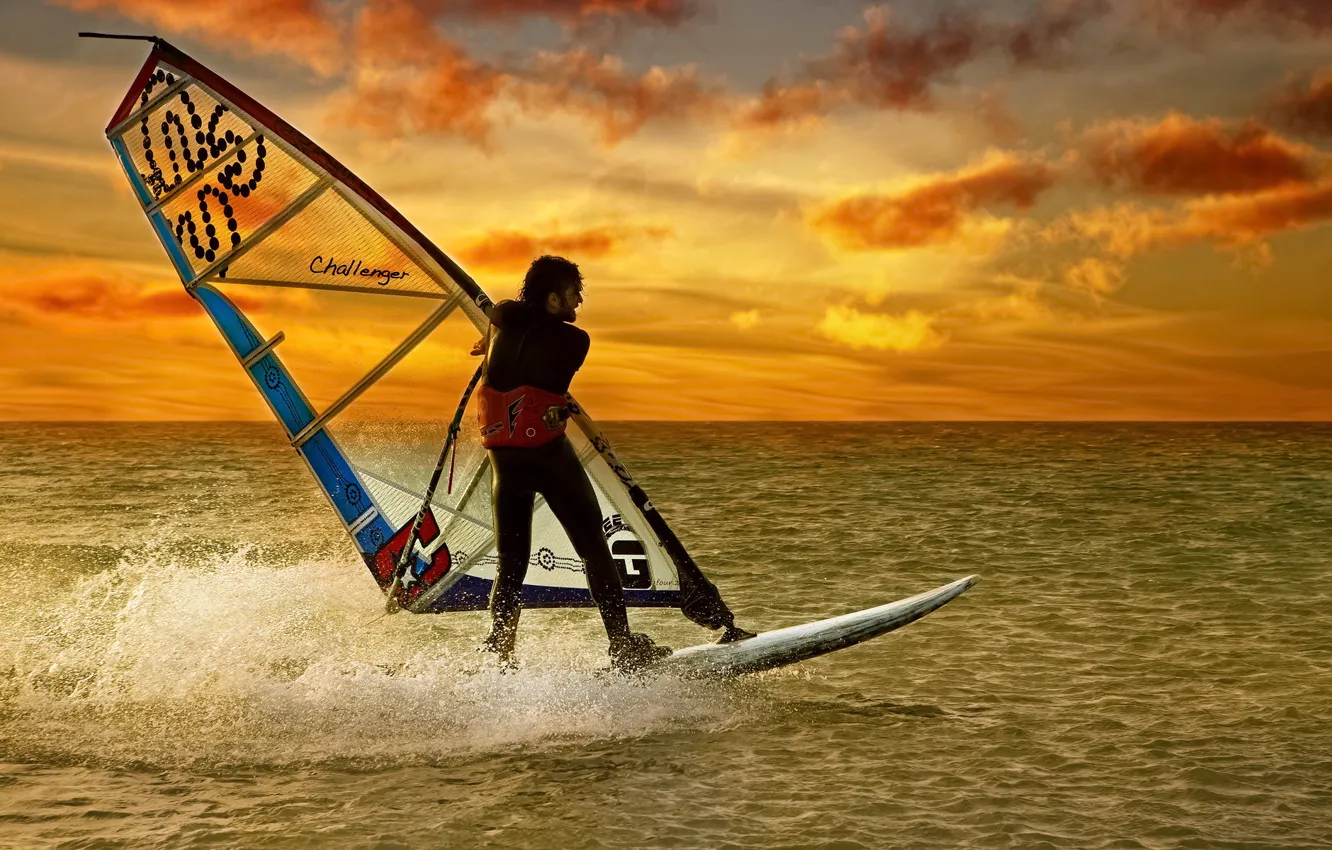 Photo wallpaper sunset, sport, sail, Board