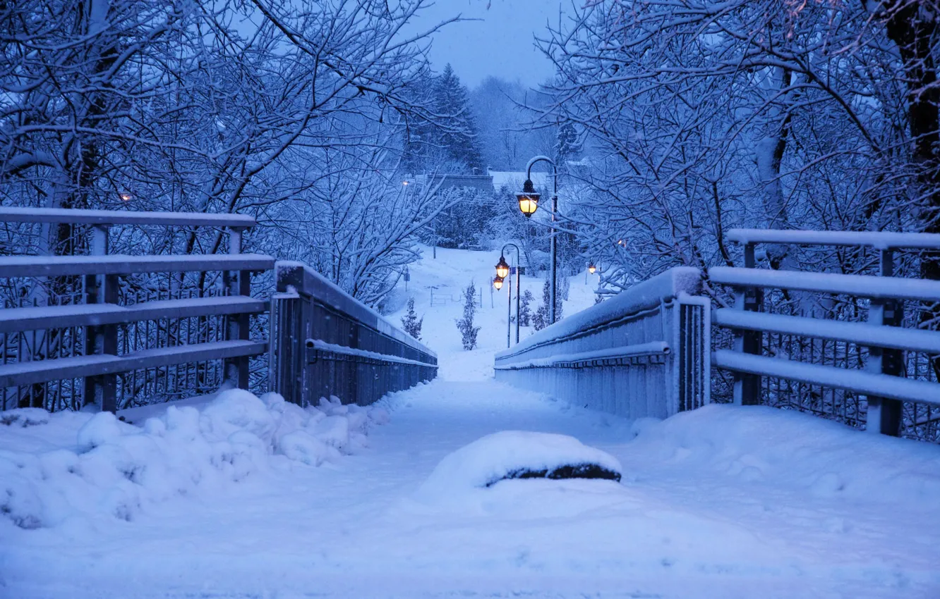 Photo wallpaper winter, snow, bridge, photo, the evening, lights, Andre Villeneuve
