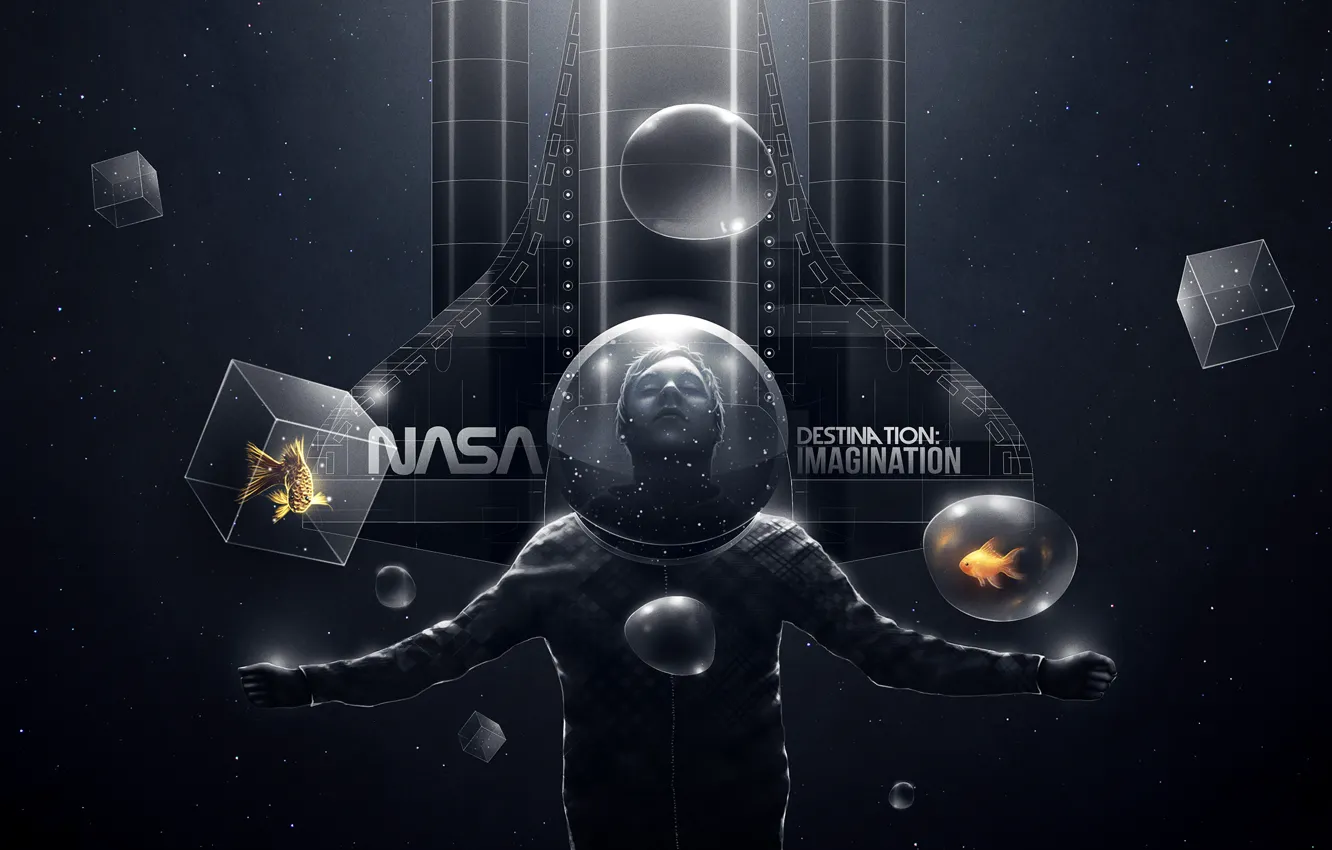 Photo wallpaper fish, bubbles, creative, people, ship, fish, the suit, art