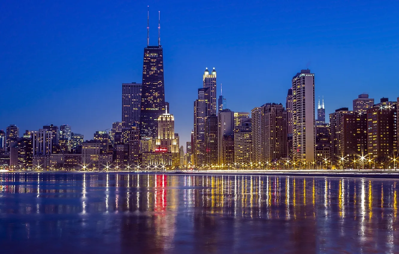 Photo wallpaper night, city, lights, skyscrapers, Chicago, USA, USA, America