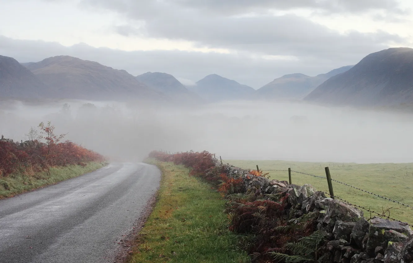 Photo wallpaper road, landscape, the fence, England, Damp, Wastdale, Misty Start