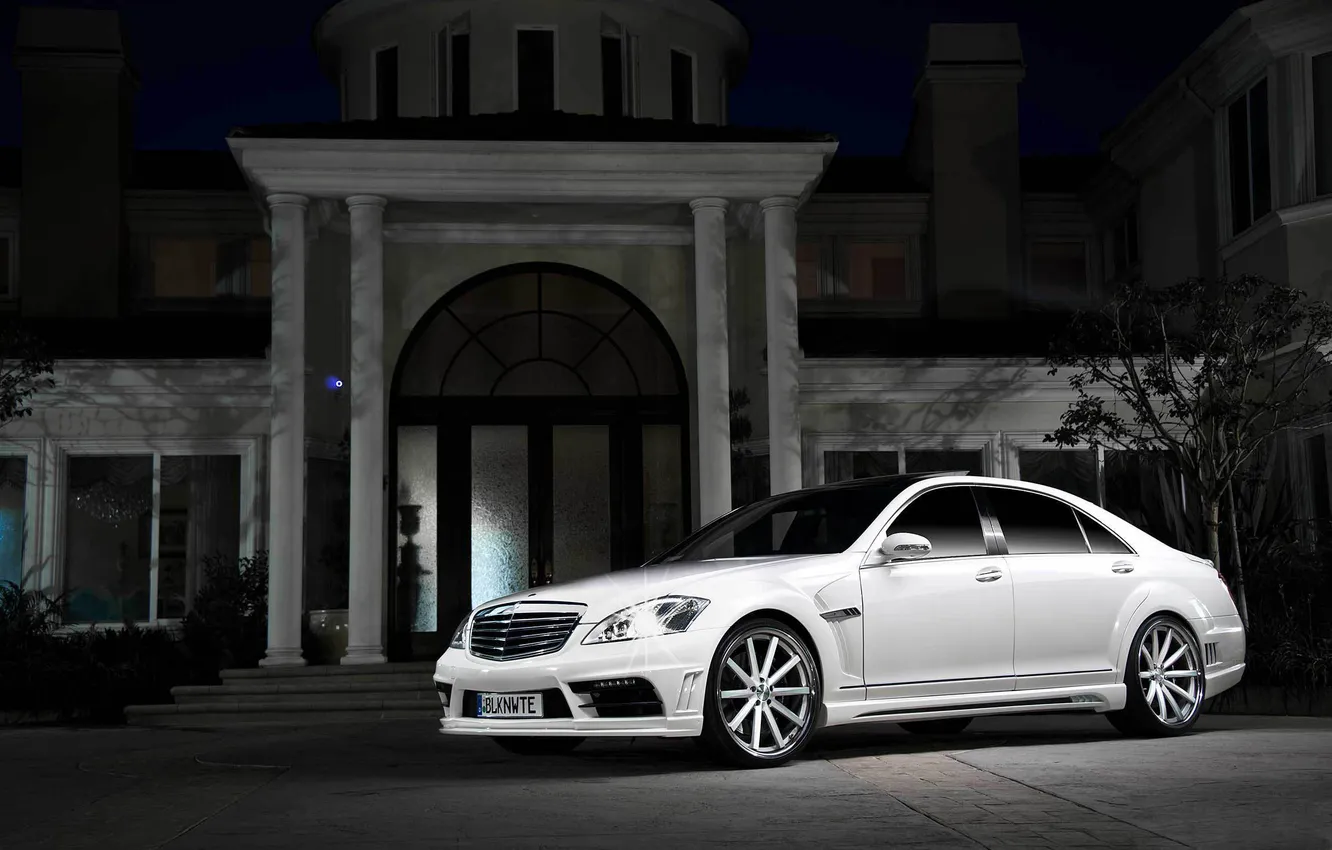 Photo wallpaper white, night, Mercedes-Benz, home, shadow, AMG, the front part, Mercedes Benz