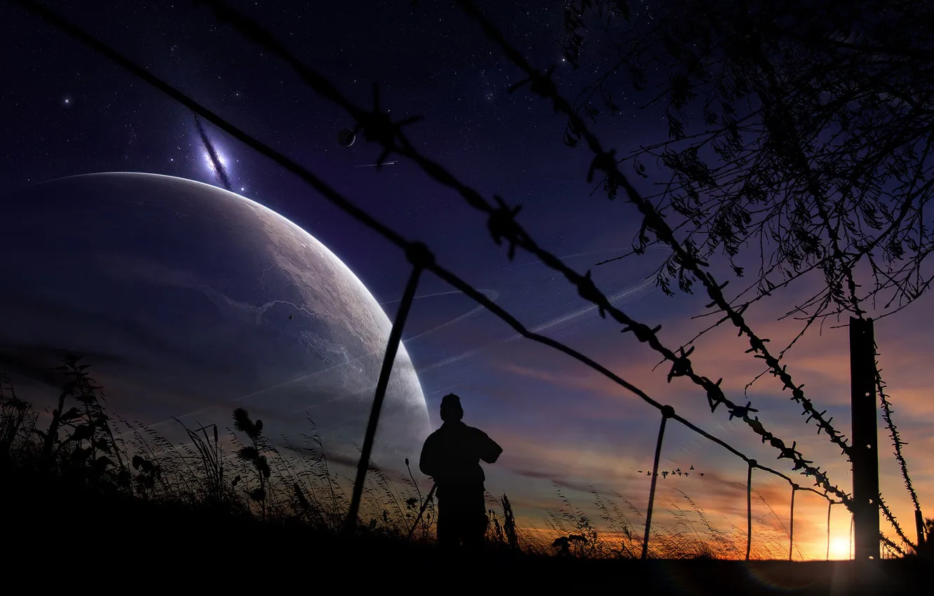 Photo wallpaper the sky, grass, the sun, space, sunset, the fence, people, planet