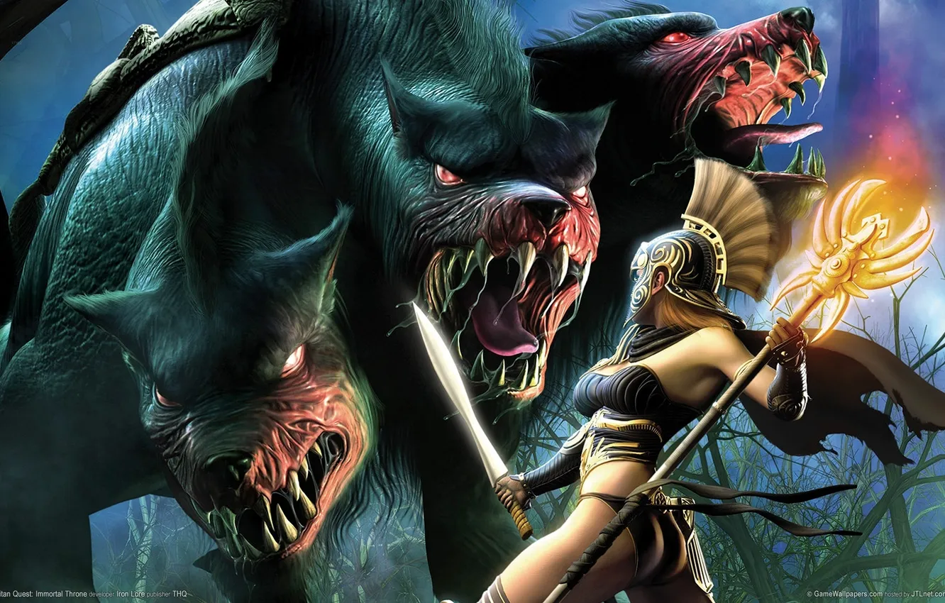 Photo wallpaper girl, monster, dog, sword, mouth, staff, battle, Titan Quest