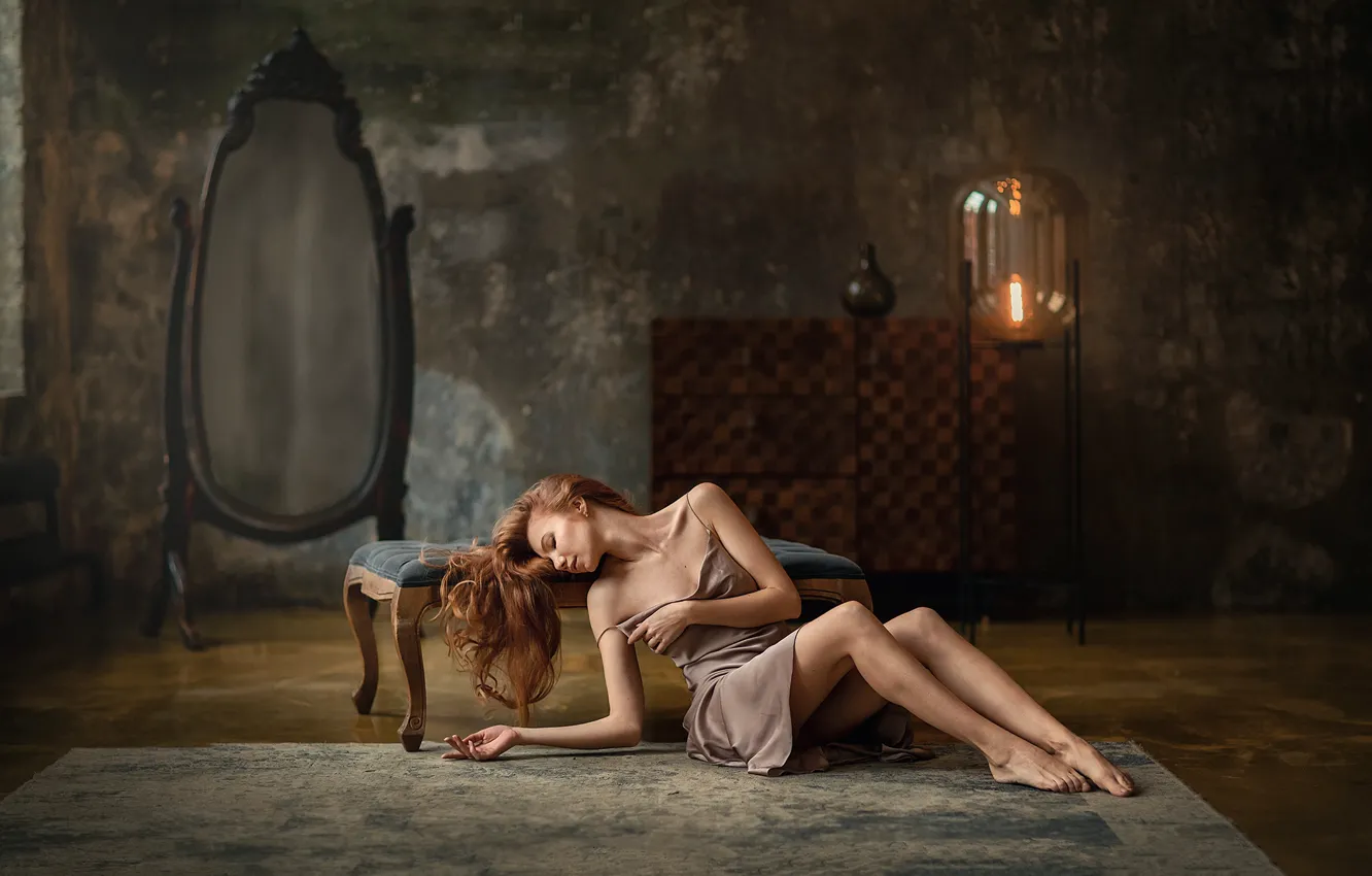 Photo wallpaper girl, pose, photo, room, mirror, legs, on the floor, Anastasia Barmina