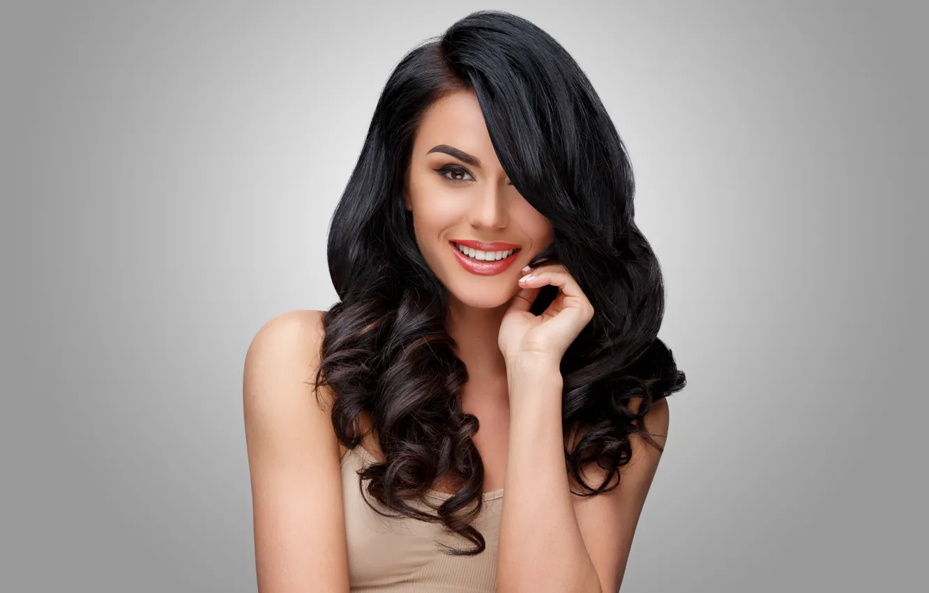 Photo wallpaper girl, smile, model, portrait, makeup, brunette, girl, beautiful