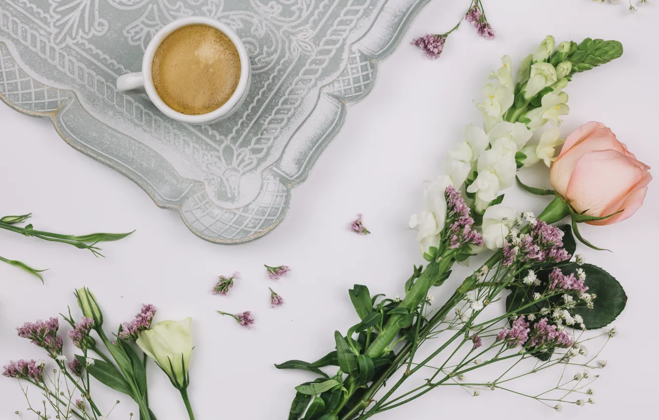 Photo wallpaper coffee, roses, bouquet, Cup, tray, eustoma, Limonium