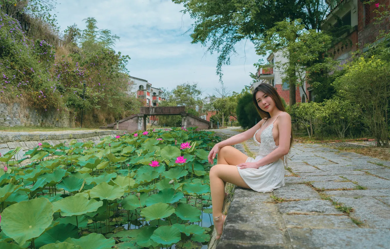 Photo wallpaper girl, dress, legs, Asian