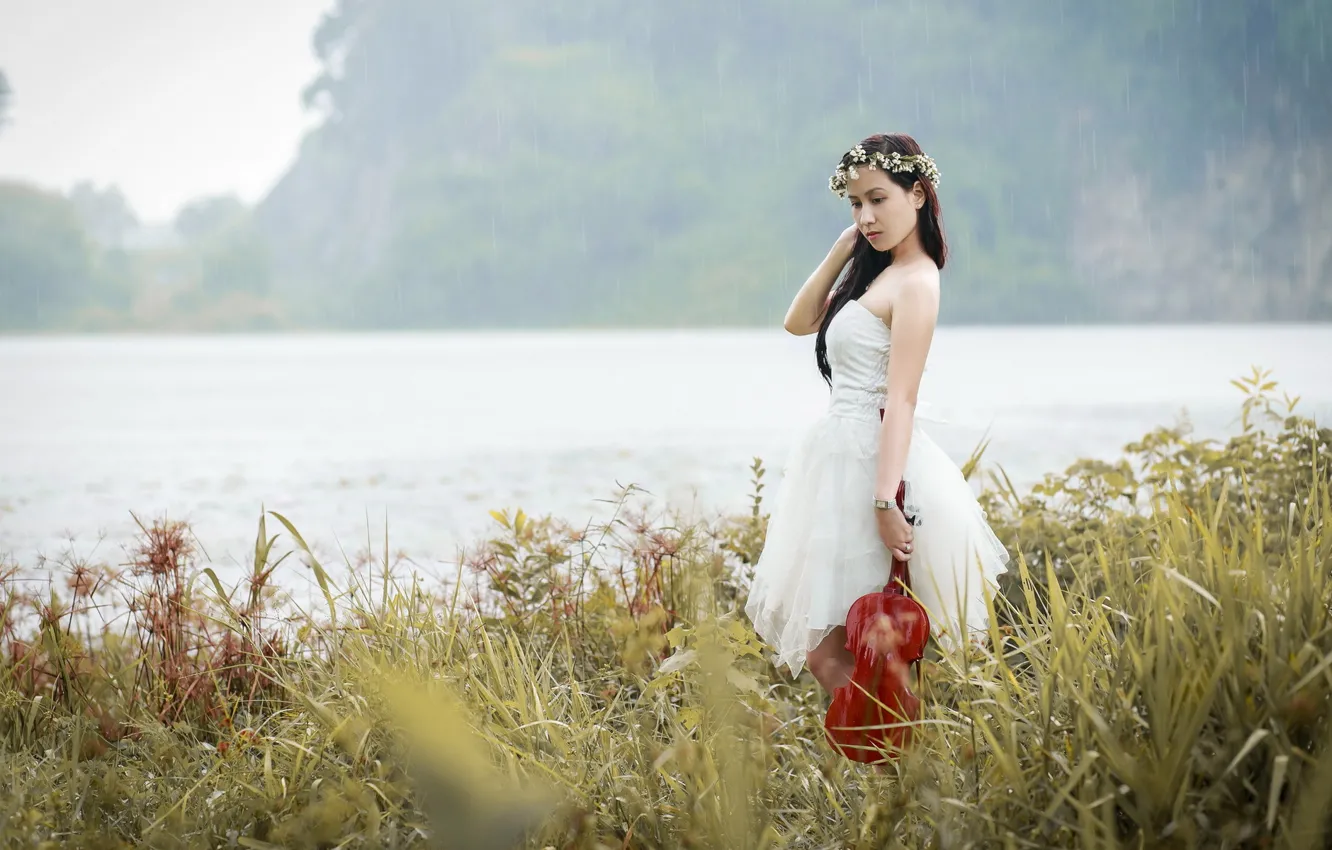 Photo wallpaper girl, music, rain, violin, Asian