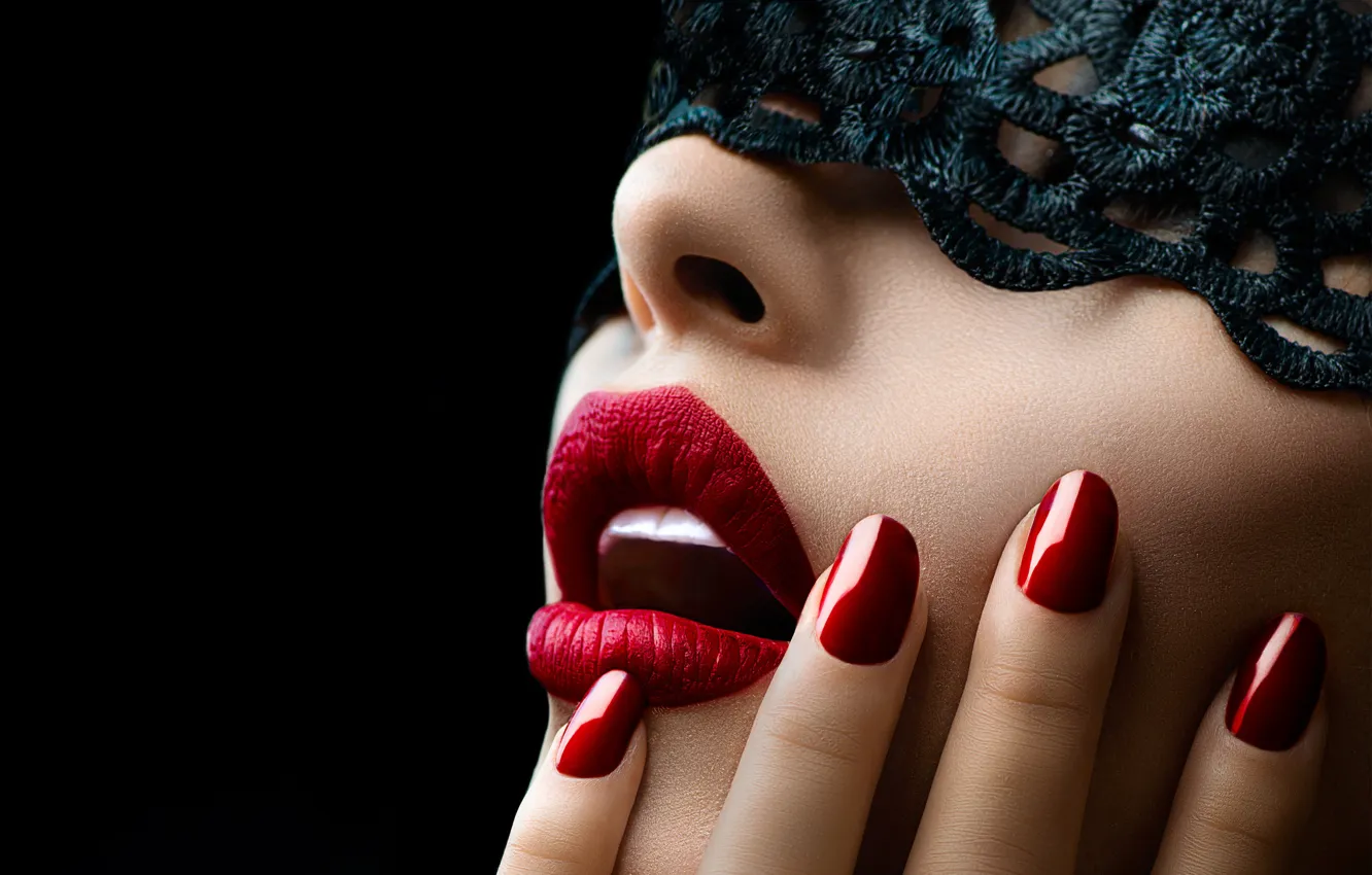 Photo wallpaper girl, close-up, face, hand, makeup, lipstick, mask, lips