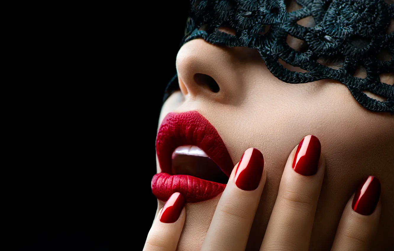 Photo wallpaper girl, close-up, red, face, hands, makeup, lipstick, mask