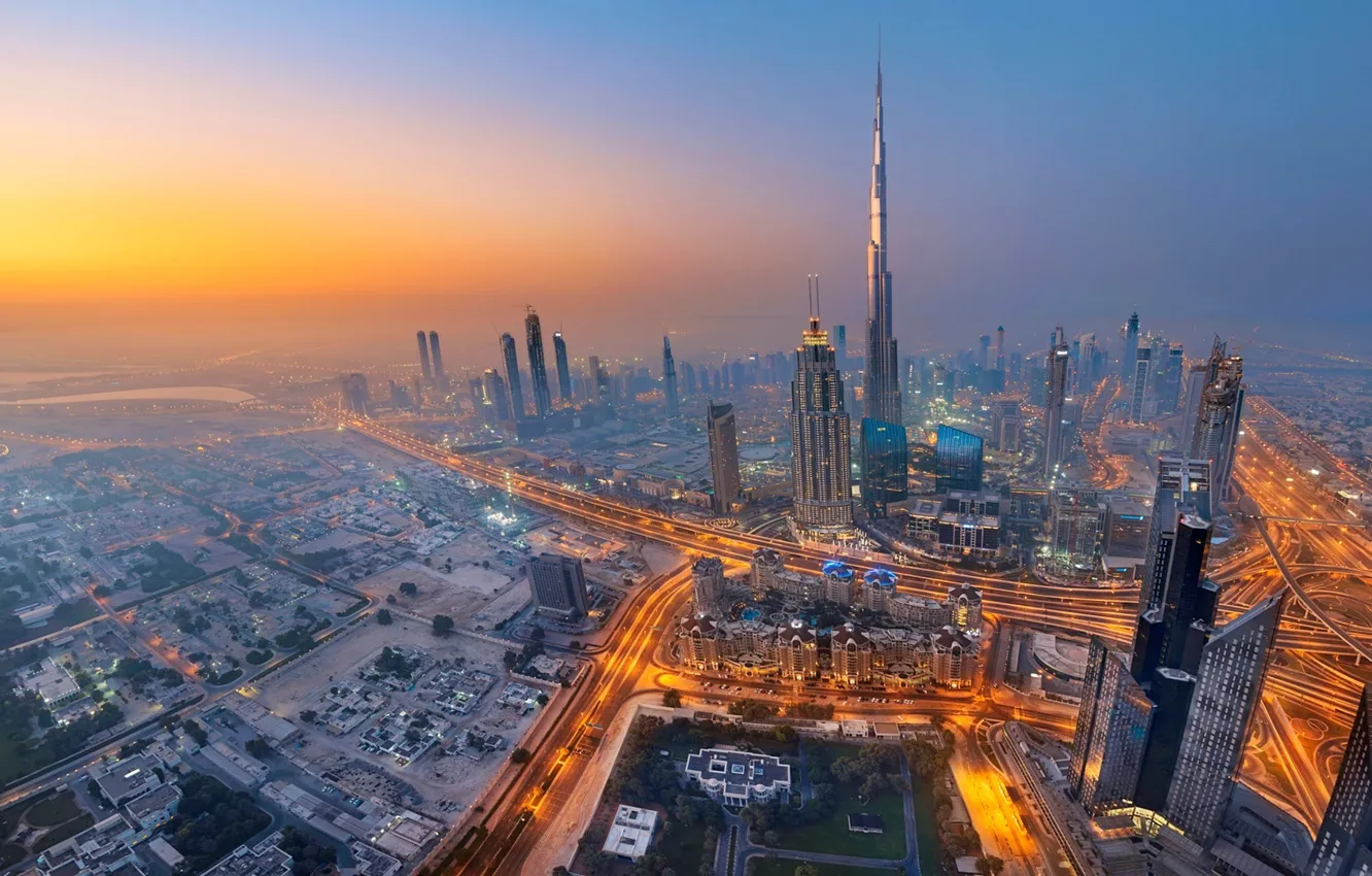 Photo wallpaper road, the sky, the city, skyscrapers, top, Dubai, Top, the view from the top