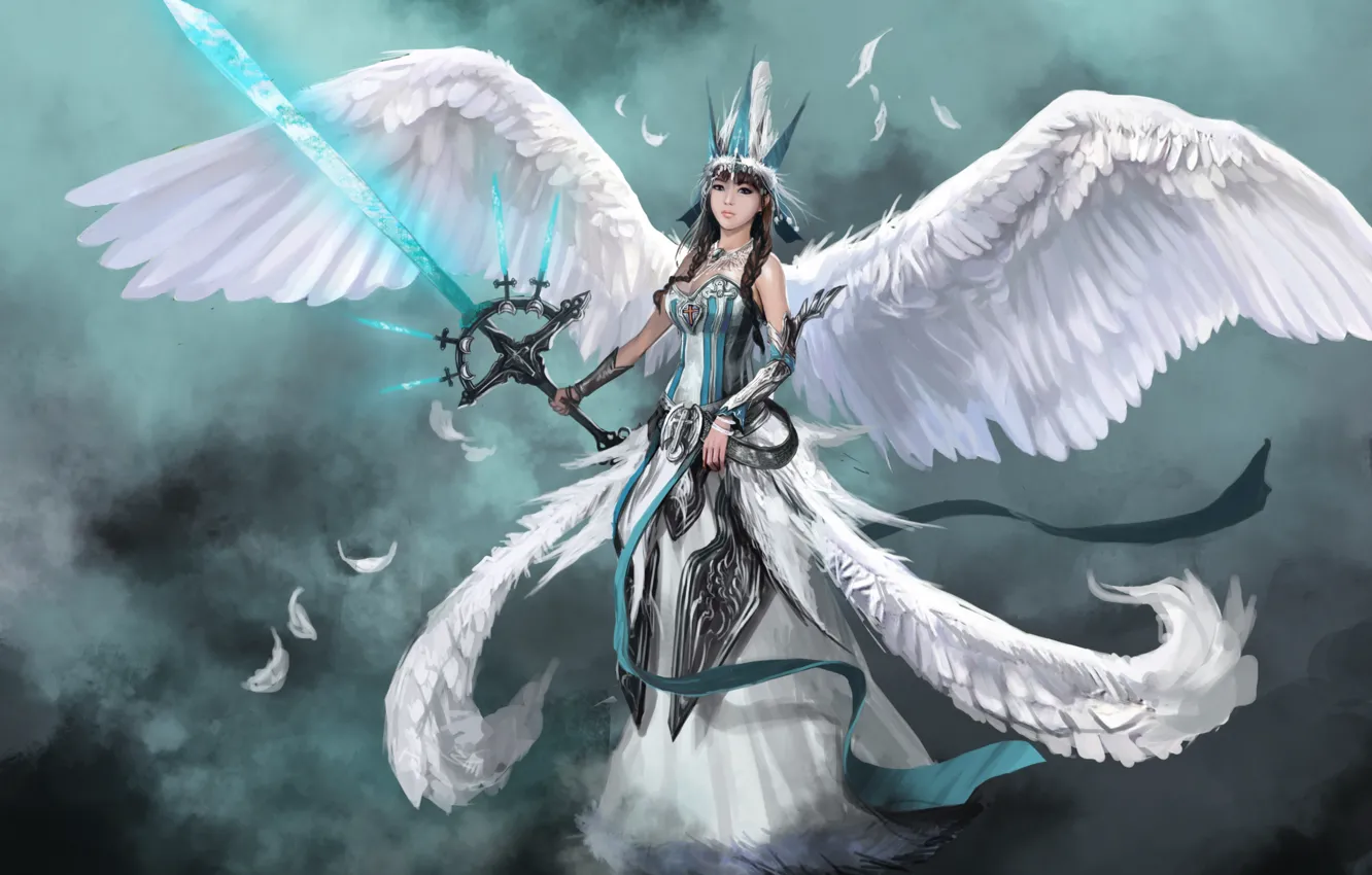 Photo wallpaper girl, weapons, fiction, wings, angel, sword, feathers, art