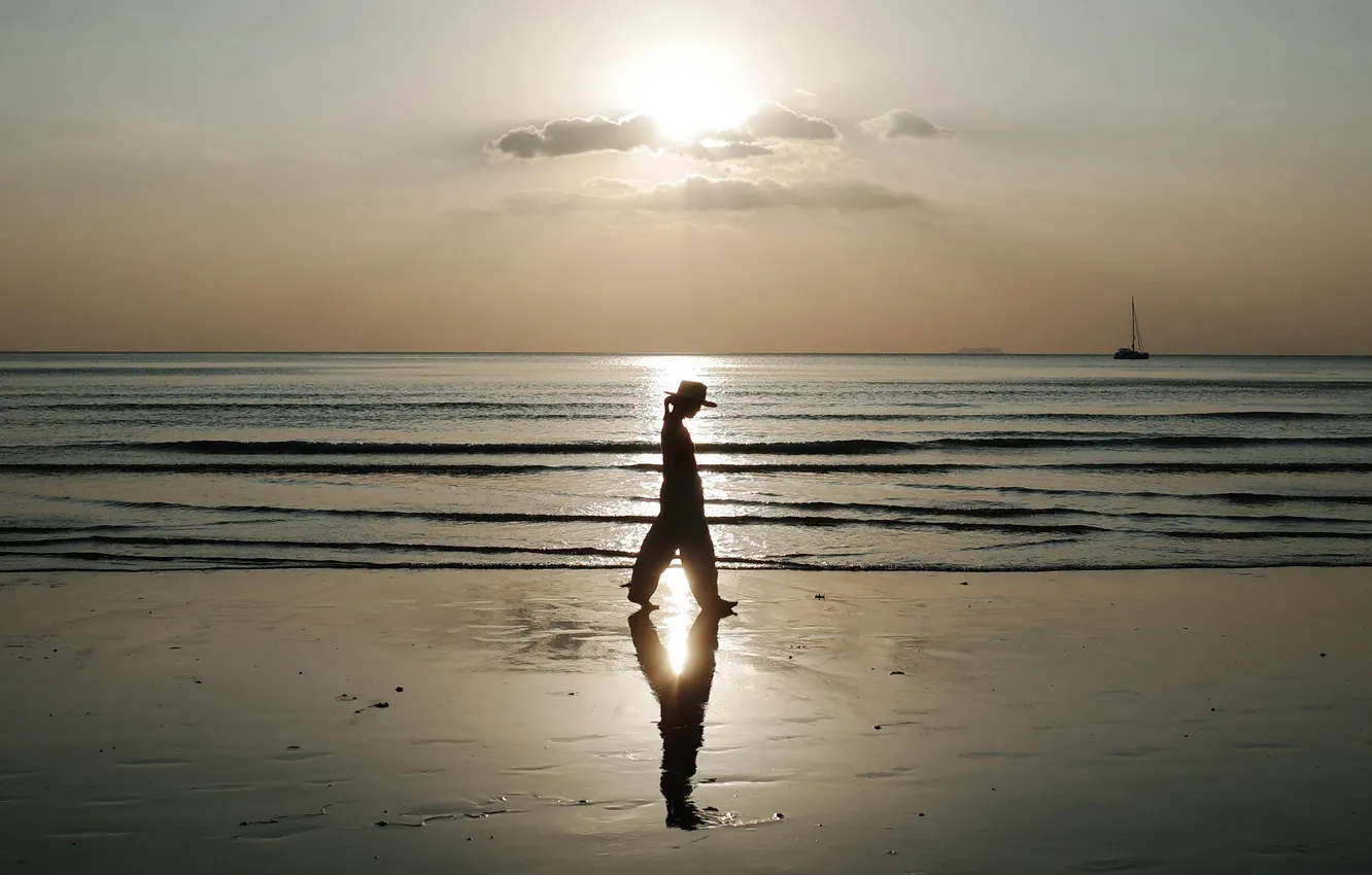 Photo wallpaper the sun, reflection, shadow, silhouette, lull, at dawn, photo of a girl, a yacht in …