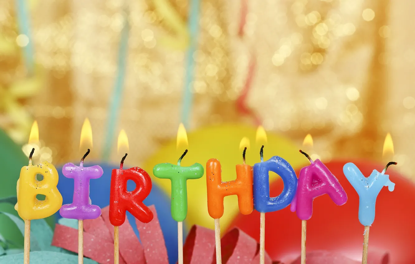 Photo wallpaper birthday, candles, colorful, Happy Birthday, candles, letters, balloons