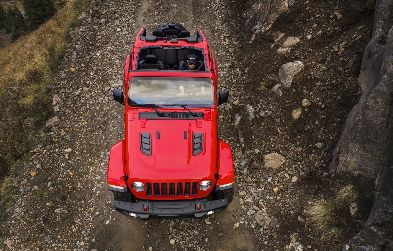 Photo wallpaper red, the hood, the view from the top, 2018, Jeep, Wrangler Rubicon