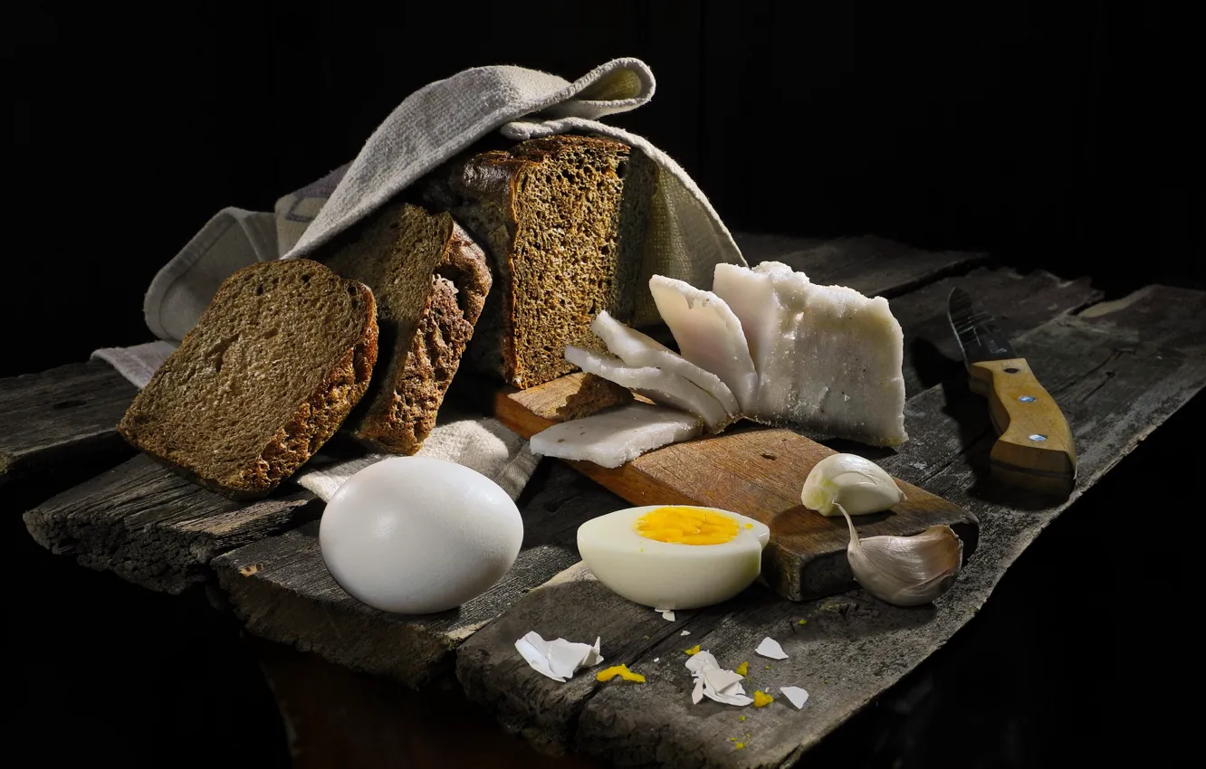 Photo wallpaper eggs, bread, garlic, fat