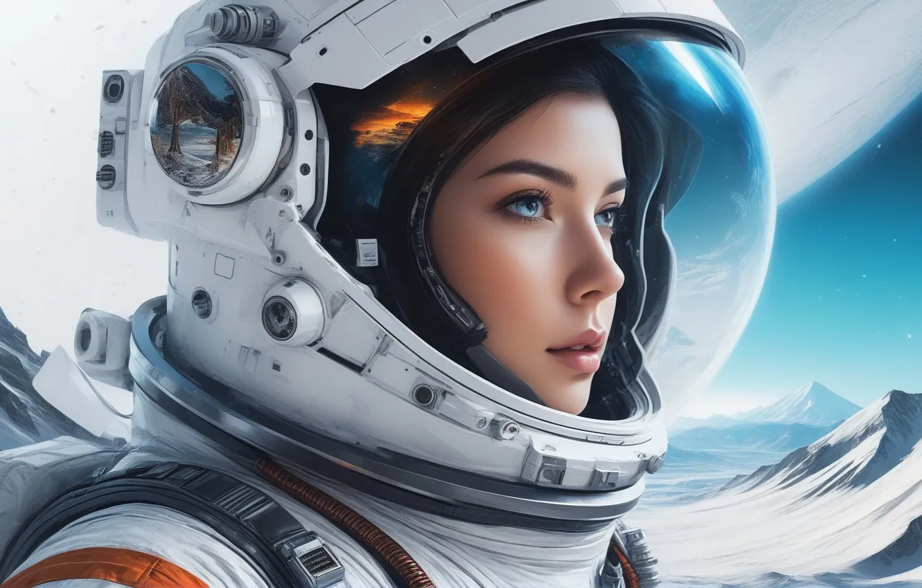 Photo wallpaper girl, snow, mountains, nature, astronaut
