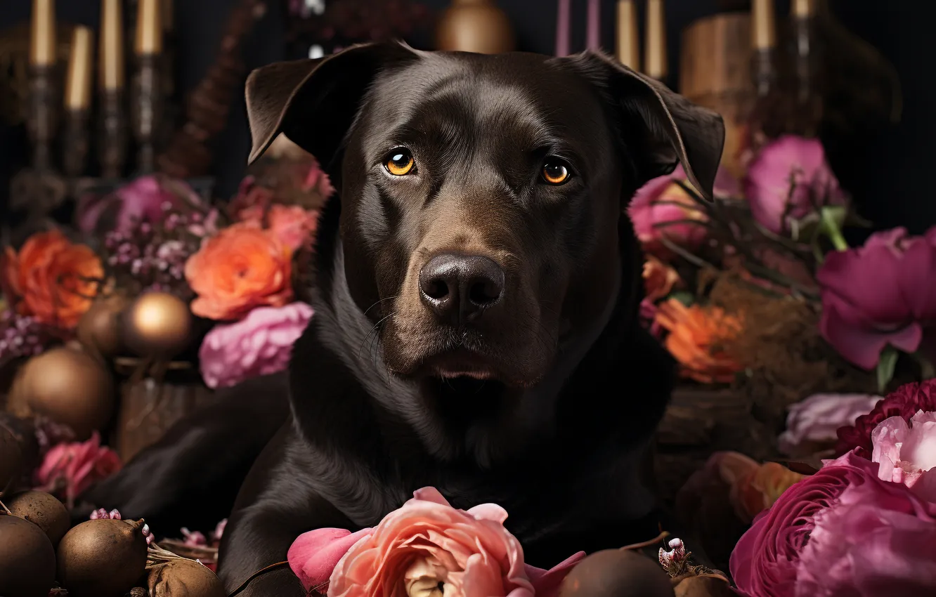 Photo wallpaper look, face, flowers, dog, Labrador, digital art, AI art, The Art of Artificial Intelligence