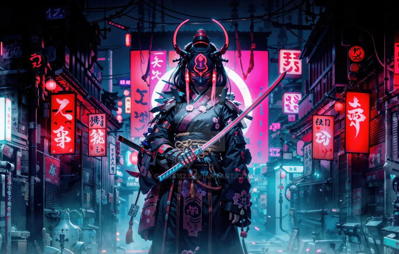 Photo wallpaper Tokyo, Neon, samurai, futuristic