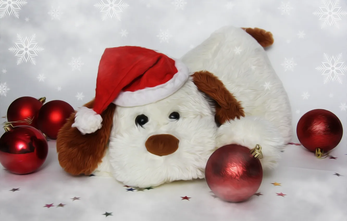 Photo wallpaper balls, toy, dog, Christmas mood