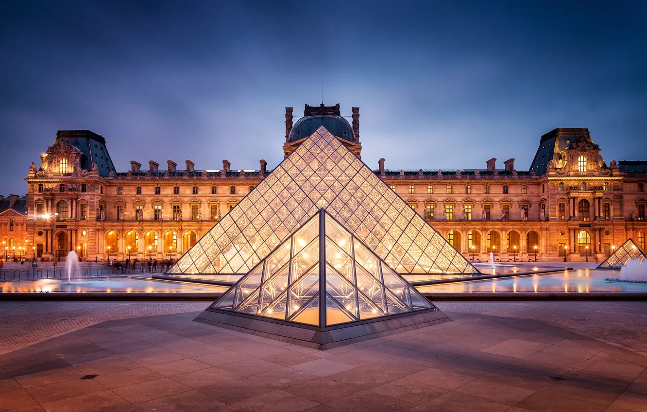 Photo wallpaper the city, France, Paris, the evening, The Louvre, lighting, backlight, area