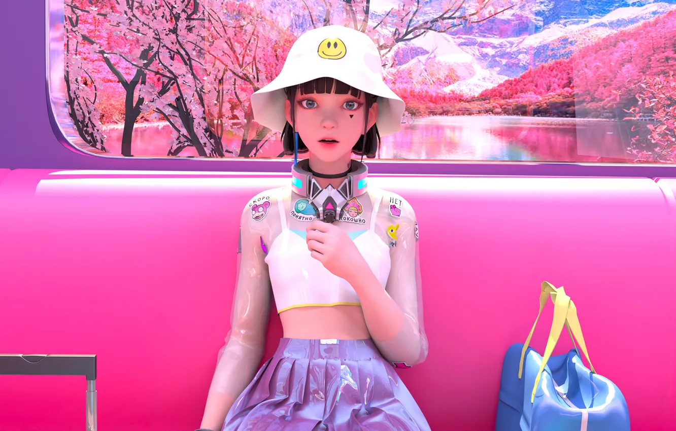 Photo wallpaper landscape, mountains, the game, surprise, anime, window, pink, game