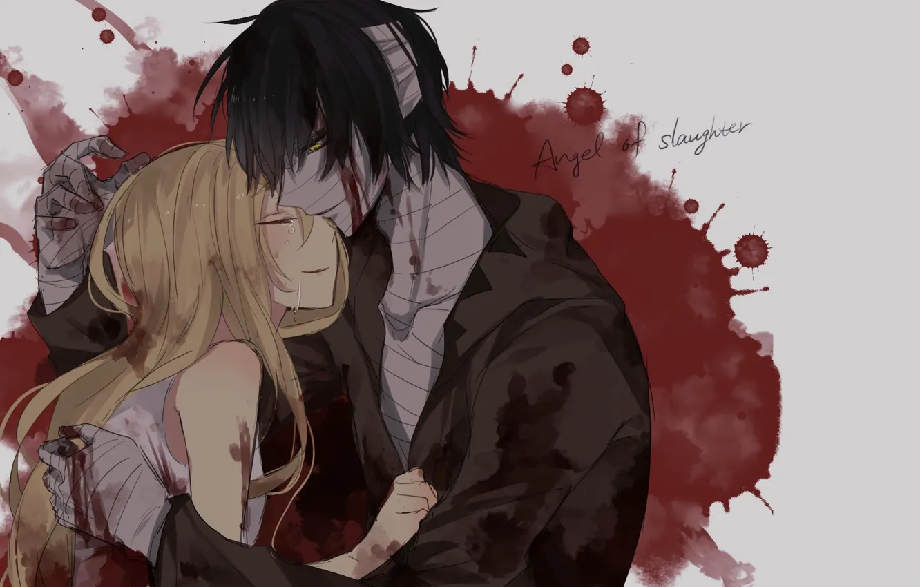 Photo wallpaper girl, romance, blood, art, pair, guy, bandages, Angel bloodshed