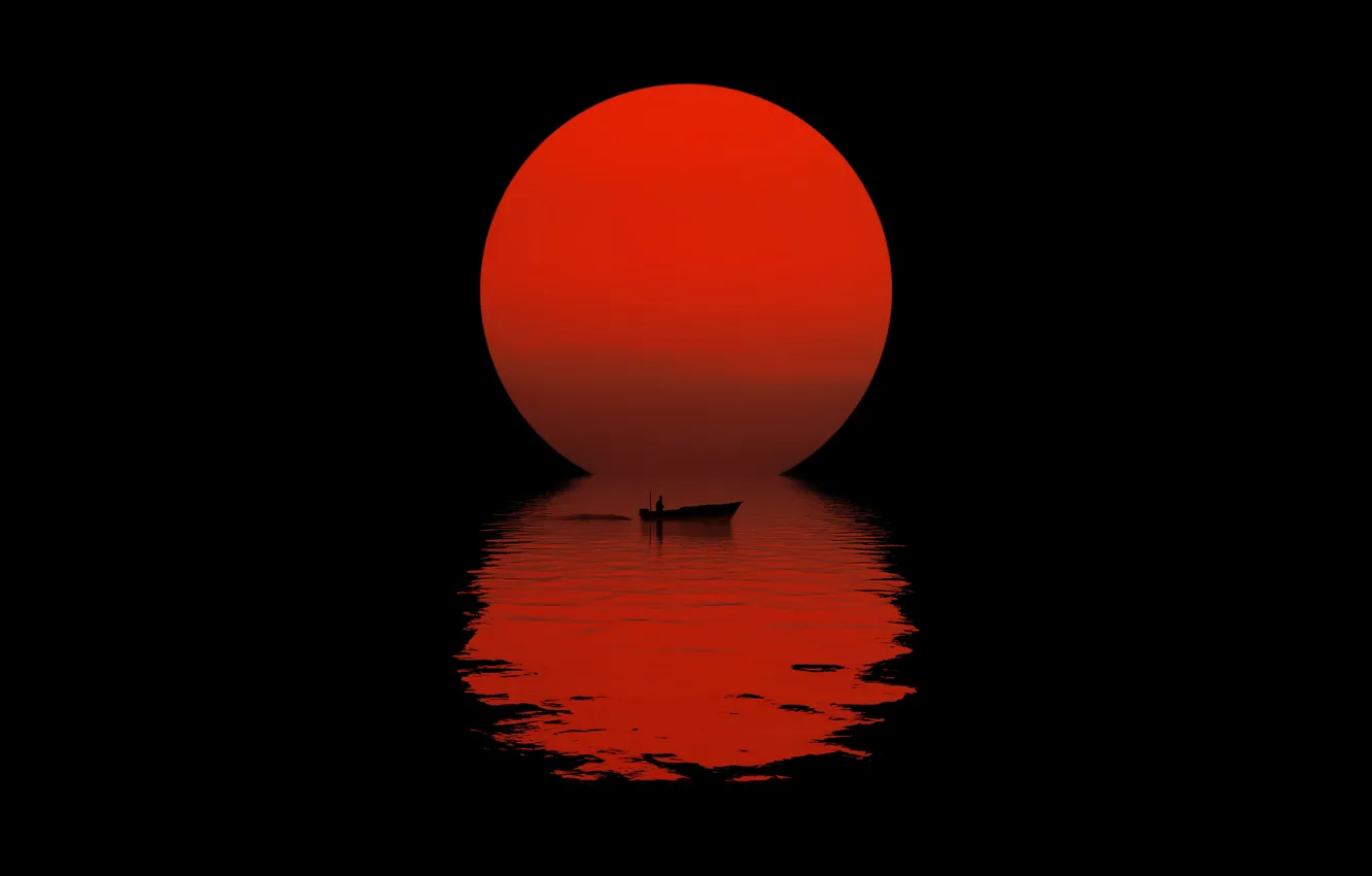 Photo wallpaper the sun, night, reflection, boat, silhouette, black background, night, sun