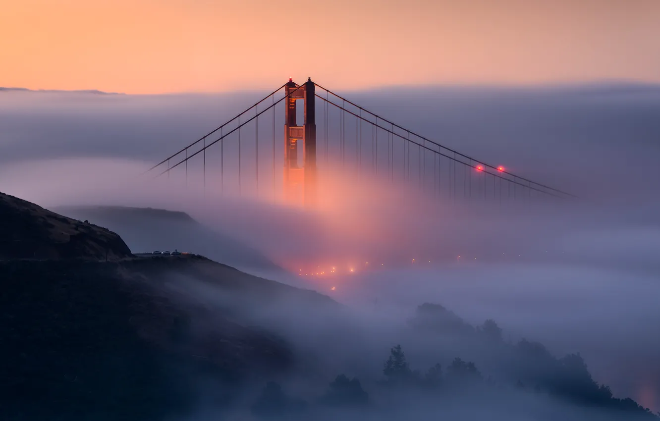 Photo wallpaper light, lights, fog, morning, San Francisco, USA, the Golden gate bridge