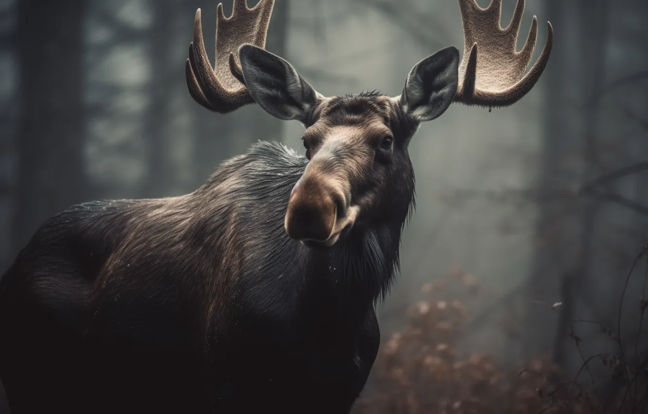 Photo wallpaper autumn, forest, look, face, branches, fog, portrait, horns