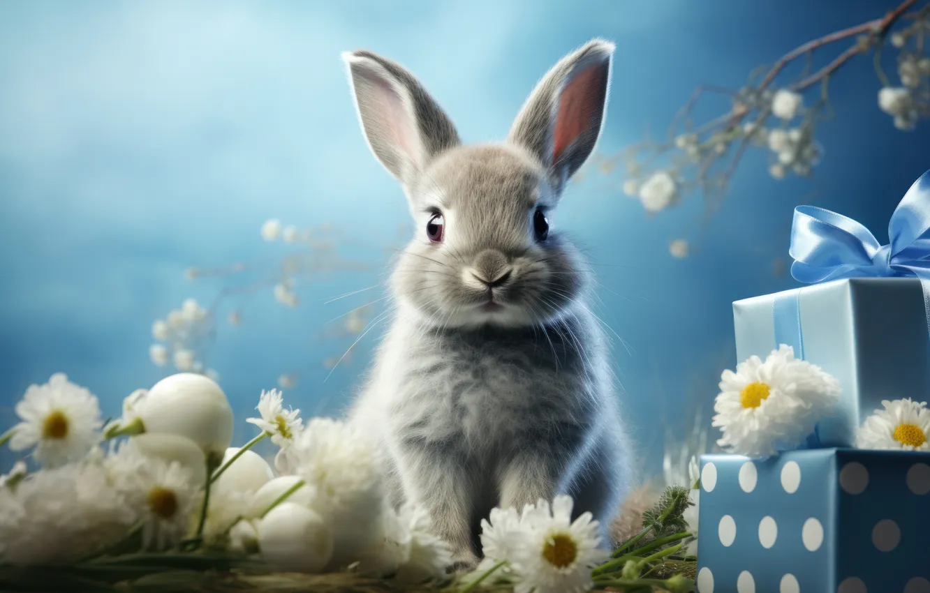 Photo wallpaper look, flowers, grey, holiday, gift, rabbit, Easter, white