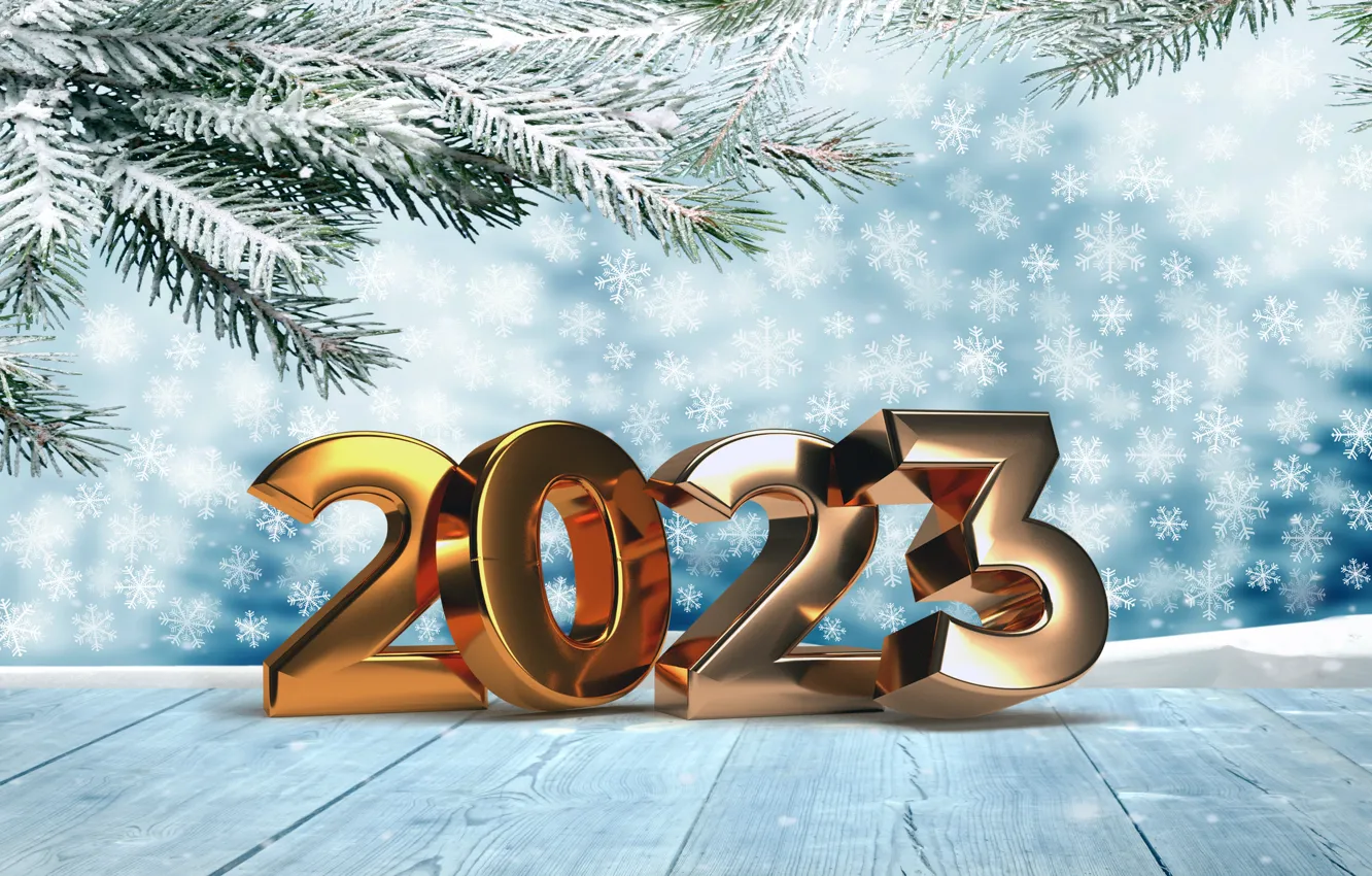 Photo wallpaper winter, snow, snowflakes, new year, figures, metal, golden, winter