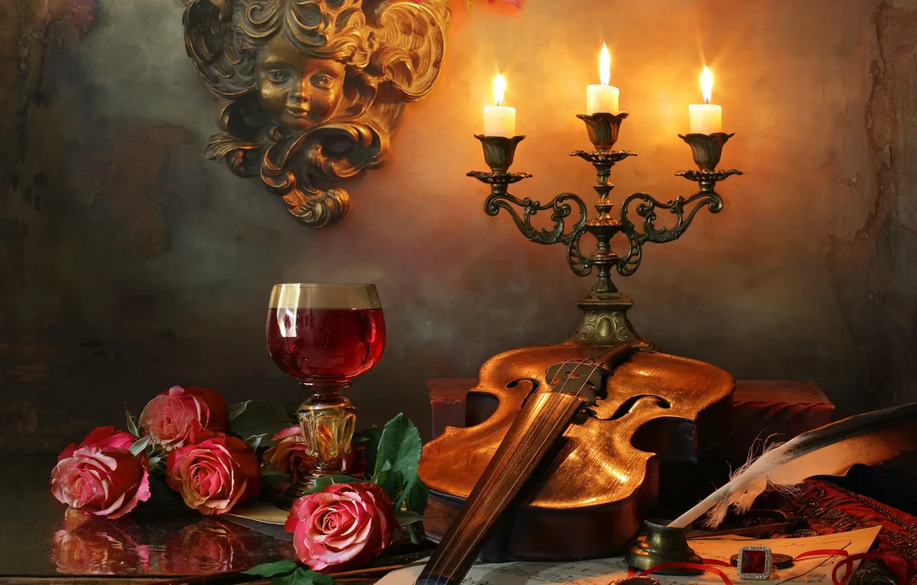 Photo wallpaper flowers, notes, wine, violin, glass, roses, candles, feathers