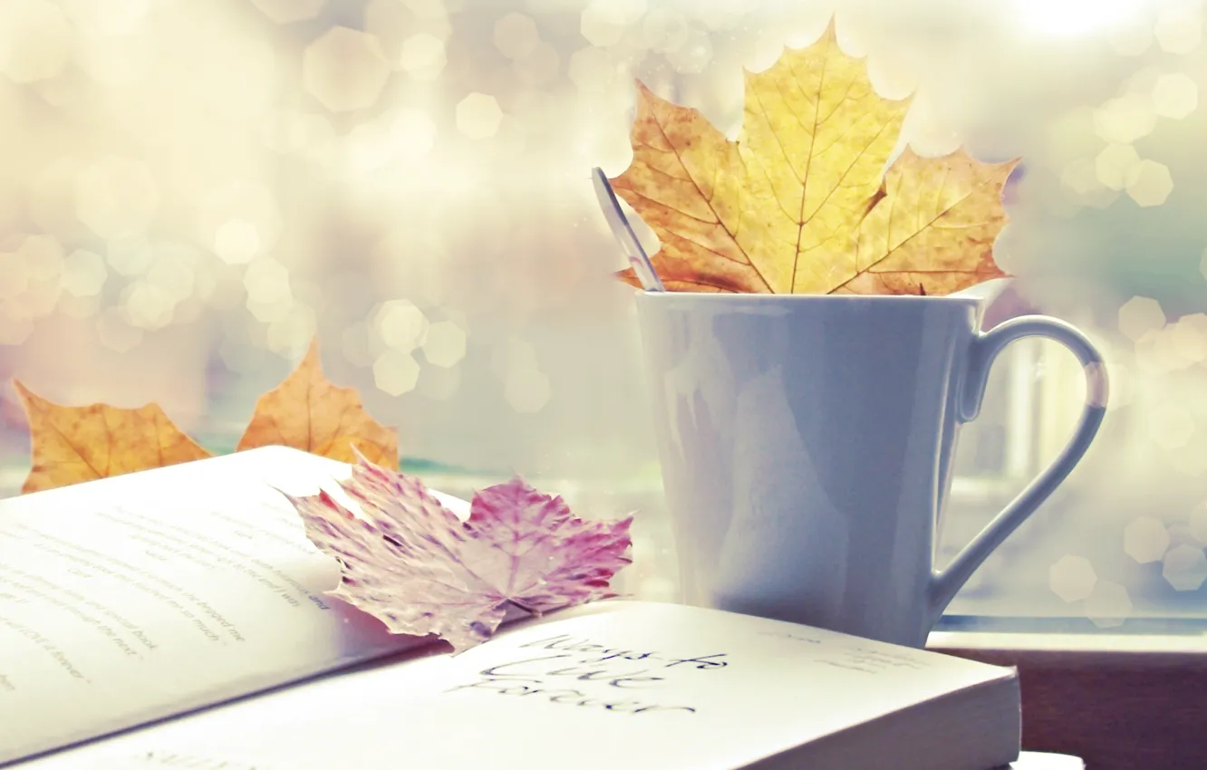 Photo wallpaper autumn, leaves, Cup, book, autumn, bokeh