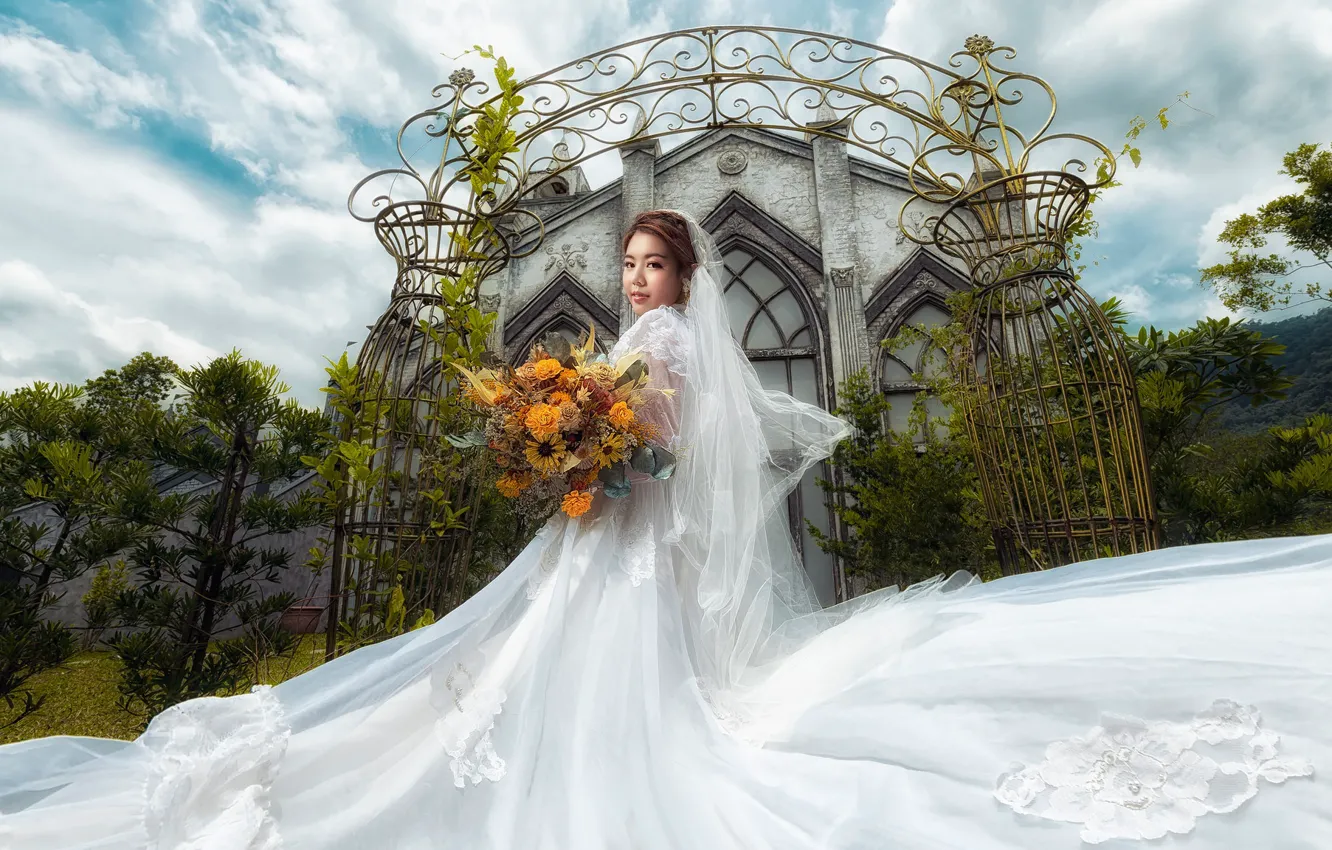Photo wallpaper the sky, look, girl, clouds, flowers, holiday, white, the building