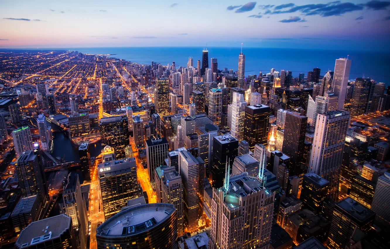 Photo wallpaper the sky, clouds, lights, lake, street, home, panorama, USA