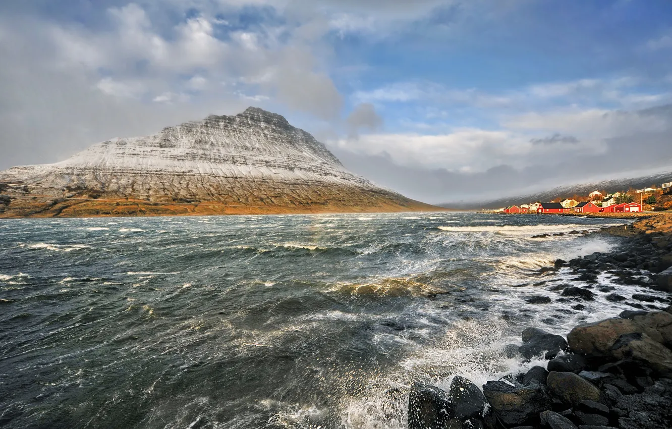 Photo wallpaper sea, the sky, clouds, mountains, home, the village