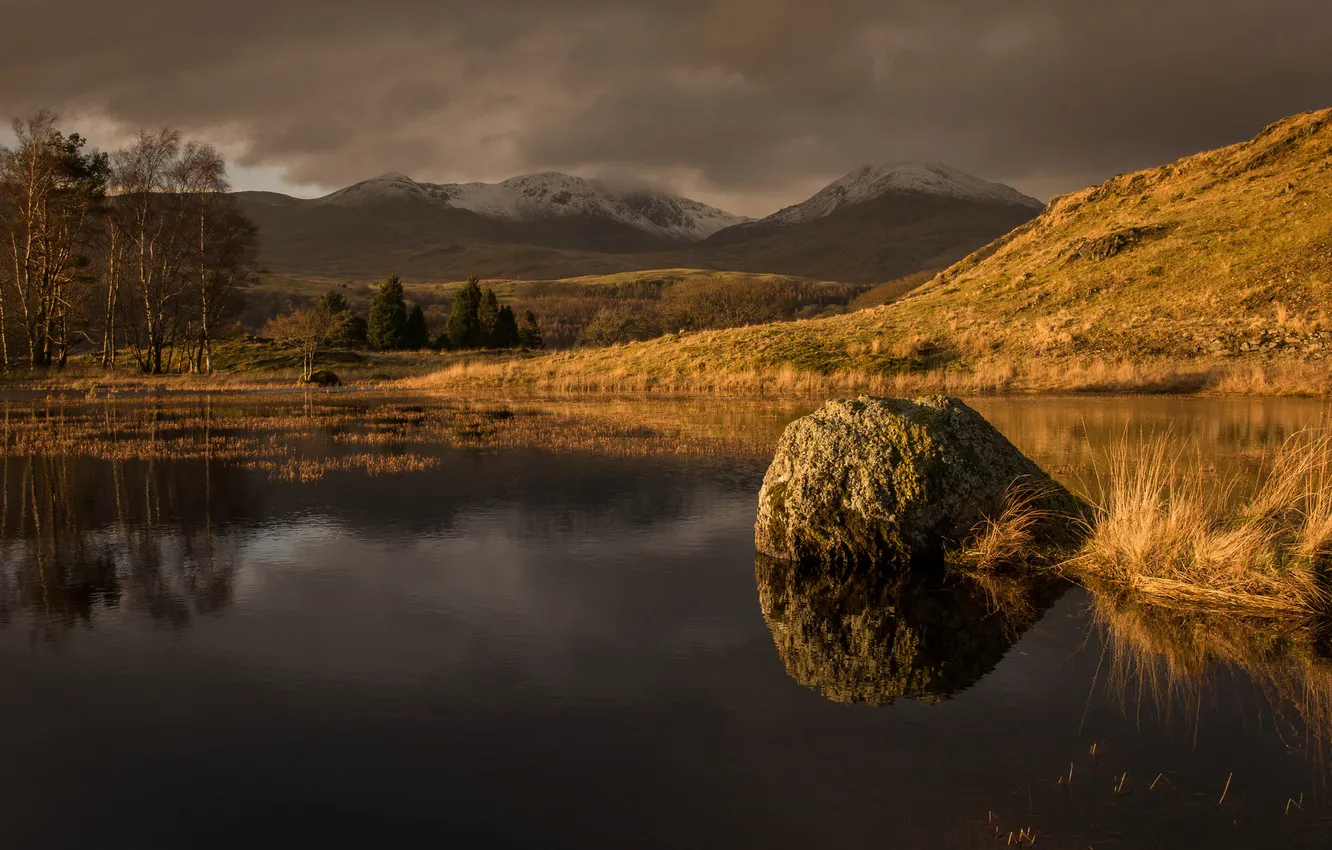 Photo wallpaper autumn, the sky, trees, mountains, clouds, lake, stones