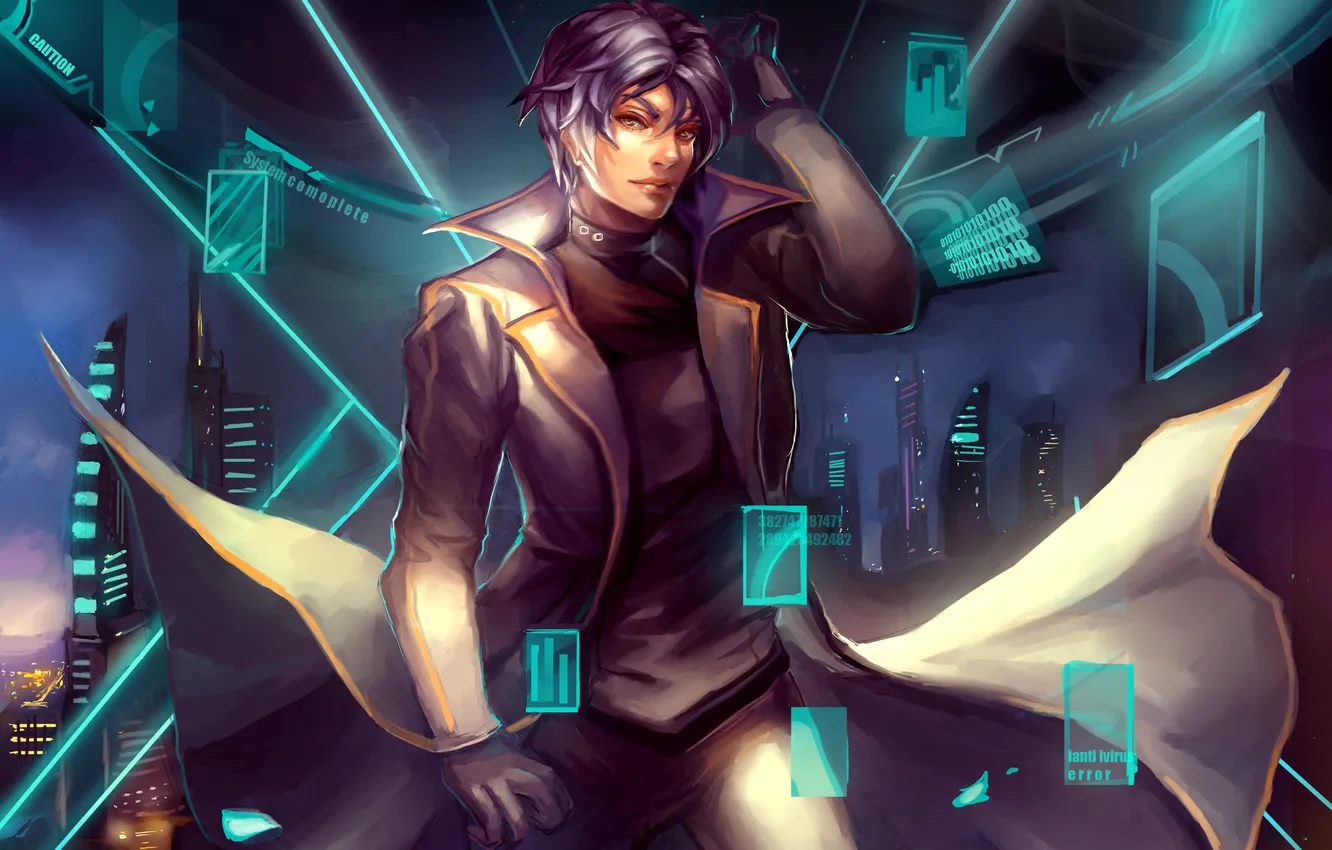 Photo wallpaper night, the city, lights, skyscrapers, guy, art, ClandestineKnight, Solaris VII